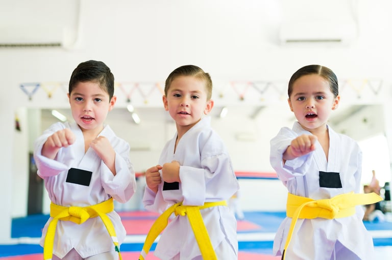 Excited little children looking at the camera while practicing during a karate or taekwondo class