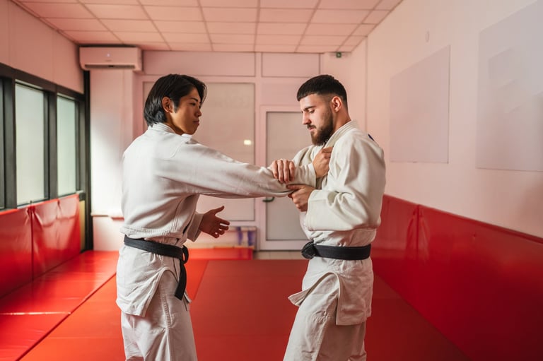 Martial arts athletes practicing technique