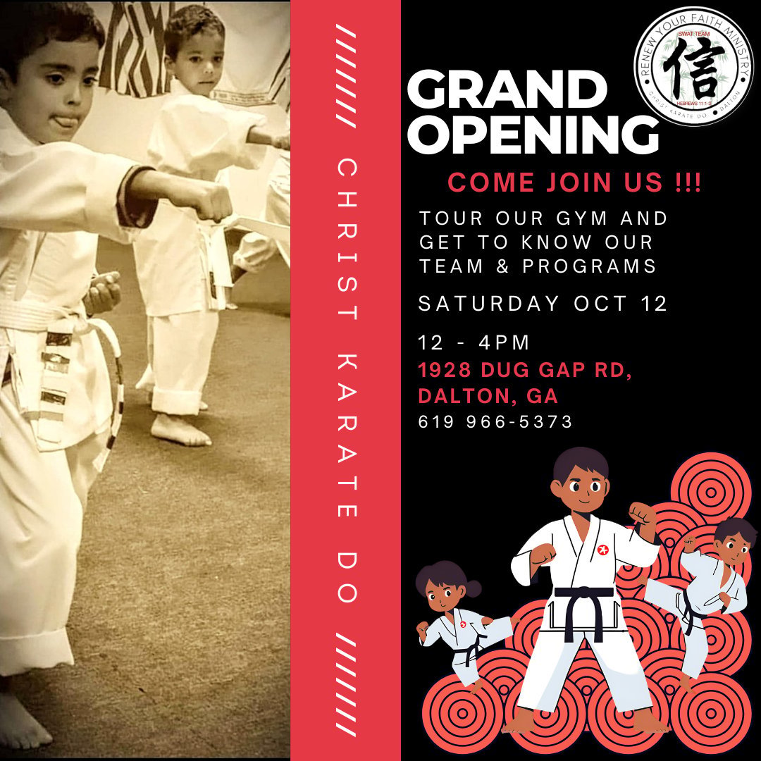 Martial arts dojo grand opening flyer featuring children in white karate uniforms and illustrated karate characters with event details