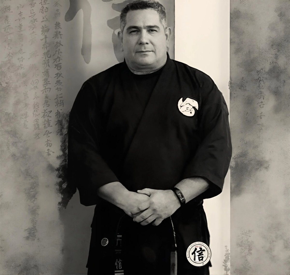 Man in black martial arts gi with white badges standing with clasped hands in front of textured wall, black and white portrait