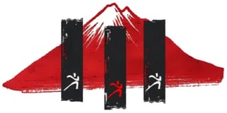 Red and black geometric logo design with stylized mountain peak and vertical stripes featuring abstract running figure symbols