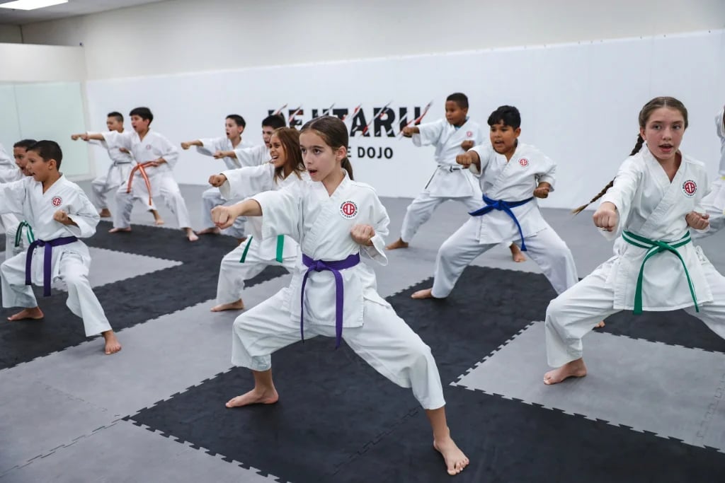 Group of karate students in white uniforms and colored belts practicing martial arts techniques in a dojo during a class session.